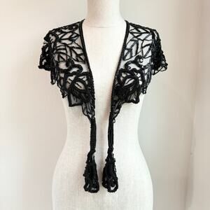 Vintage Black Beaded Mesh Lace Shawl Wrap – One Size